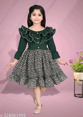 Asrastoras Indi Girls Below Knee Casual Dress(Green, 3/4 Sleeve)