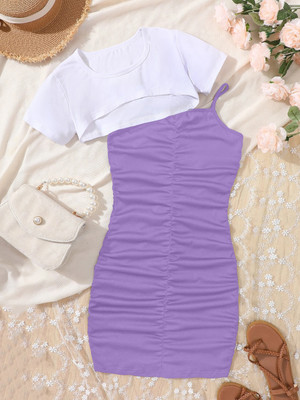 PRILLY Girls Midi/Knee Length Party Dress(Purple, Sleeveless)
