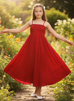 Ethit Girls Calf Length Casual Dress(Red, Sleeveless)