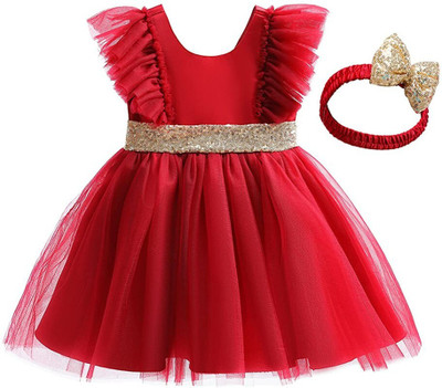Fairy Dolls Indi Girls Midi/Knee Length Party Dress(Red, Short Sleeve)