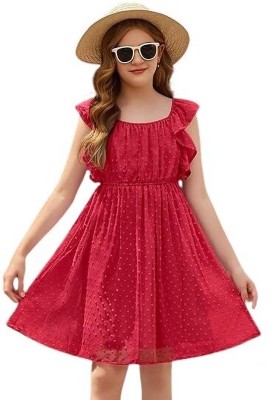 tiny shadows Girls Midi/Knee Length Festive/Wedding Dress(Red, Fashion Sleeve)