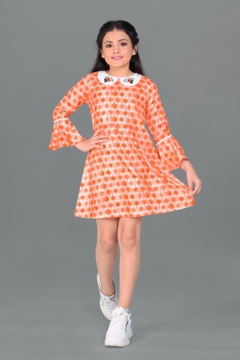 Mirrow Trade Girls Above Knee Casual Dress(Orange, 3/4 Sleeve)
