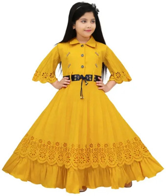 A Asma dresses Indi Girls Maxi/Full Length Casual Dress(Yellow, Full Sleeve)
