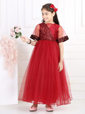 Toy Balloon Kids Girls Maxi/Full Length Party Dress(Maroon, Short Sleeve)
