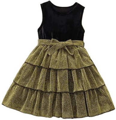 FLORA Indi Girls Midi/Knee Length Casual Dress(Black, Sleeveless)