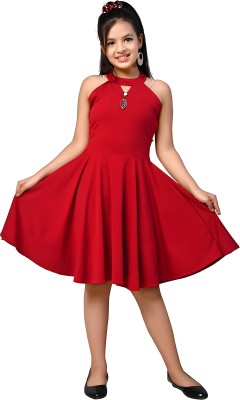 PERFECTPIVOT Girls Midi/Knee Length Casual Dress(Red, Sleeveless)