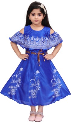 Inforeadymade Girls Calf Length Casual Dress(Blue, Half Sleeve)