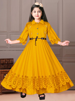 Srgoldlive Girls Maxi/Full Length Party Dress(Yellow, 3/4 Sleeve)