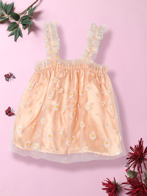 NautiNati Girls Midi/Knee Length Party Dress(Orange, Sleeveless)