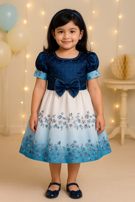 Wishkaro Girls Midi/Knee Length Festive/Wedding Dress(Dark Blue, Short Sleeve)