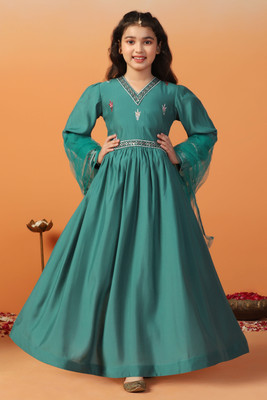Sangria Girls Maxi/Full Length Festive/Wedding Dress(Green, Full Sleeve)