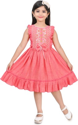 HMS COLLECTION Girls Below Knee Party Dress(Orange, Sleeveless)