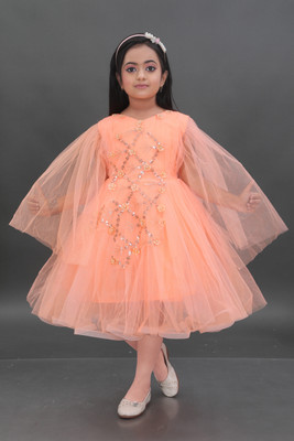 DS DRESSES Baby Girls Calf Length Festive/Wedding Dress(Orange, Fashion Sleeve)