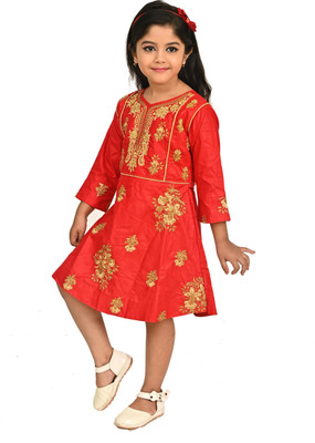 FahimF Indi Girls Midi/Knee Length Festive/Wedding Dress(Red, 3/4 Sleeve)