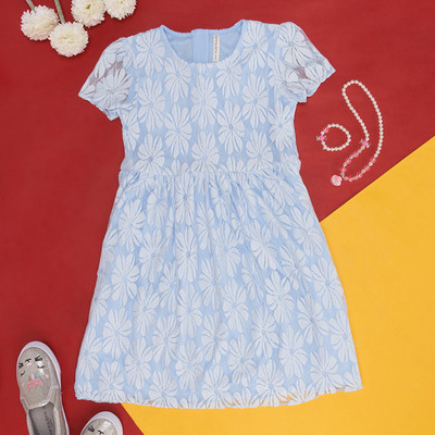 Pantaloons Junior Girls Midi/Knee Length Casual Dress(Blue, Half Sleeve)