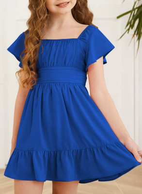 Alisha Moda Girls Midi/Knee Length Casual Dress(Blue, Short Sleeve)
