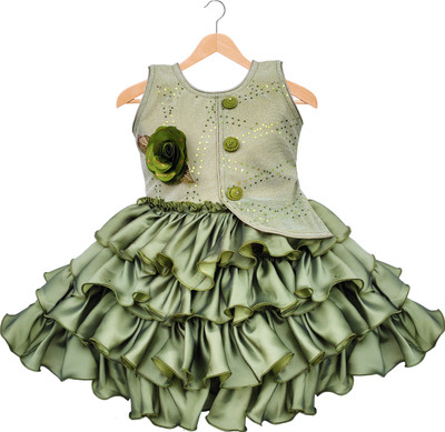 Mahzabin Dress Baby Girls Midi/Knee Length Festive/Wedding Dress(Green, Sleeveless)