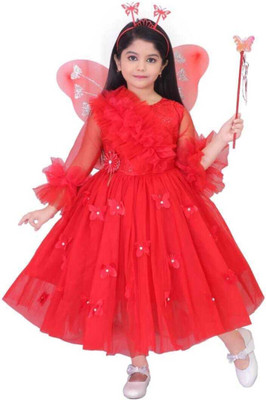 Aruna Trend Girls Below Knee Party Dress(Red, 3/4 Sleeve)