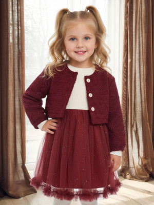 salvia Indi Girls Midi/Knee Length Casual Dress(Maroon, Full Sleeve)