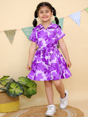 Junitos Indi Girls Midi/Knee Length Casual Dress(Purple, White, Short Sleeve)