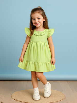 KIdbea Indi Baby Girls Above Knee Casual Dress(Dark Green, Short Sleeve)