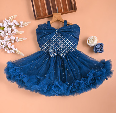 GLEAMGRACE Baby Girls Midi/Knee Length Party Dress(Blue, Sleeveless)
