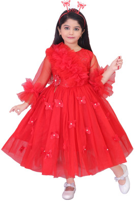 aruna creation Girls Calf Length Festive/Wedding Dress(Red, Fashion Sleeve)