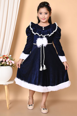 S K Fashion Girls Calf Length Casual Dress(Blue, Full Sleeve)