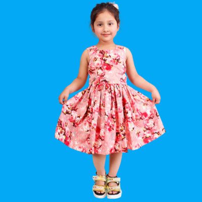 HouseOfCommon Girls Below Knee Casual Dress(Pink, Sleeveless)
