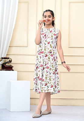 DMP EXPORT Girls Floral Print Anarkali Kurta(White)