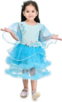 WEAR ME WELL Indi Girls Calf Length Festive/Wedding Dress(Blue, 3/4 Sleeve)