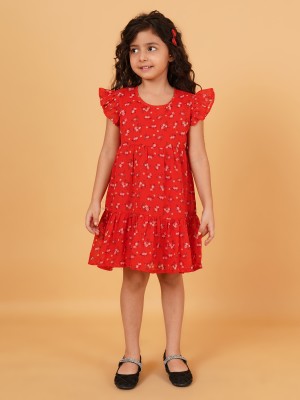 CREATIVE KID'S Girls Midi/Knee Length Festive/Wedding Dress(Red, Short Sleeve)