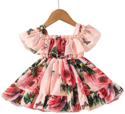 CARTIKKAAY Girls Midi/Knee Length Festive/Wedding Dress(Orange, Fashion Sleeve)