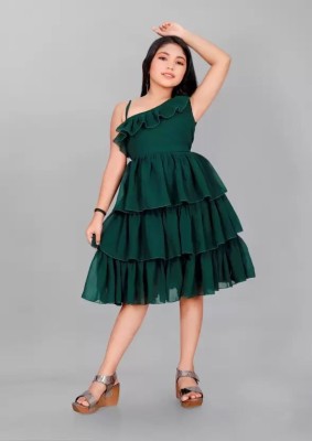 Tirth Enterprise Indi Girls Below Knee Party Dress(Dark Green, Sleeveless)