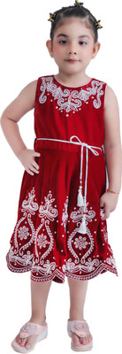 MUMMASCHOICE Indi Girls Midi/Knee Length Party Dress(Red, Sleeveless)