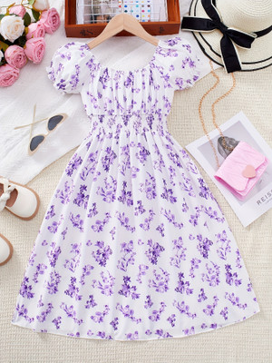 Ethit Indi Girls Midi/Knee Length Casual Dress(Multicolor, Short Sleeve)