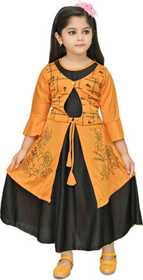 CHANDRIKA LIFESTYLE Girls Calf Length Party Dress(Yellow, 3/4 Sleeve)
