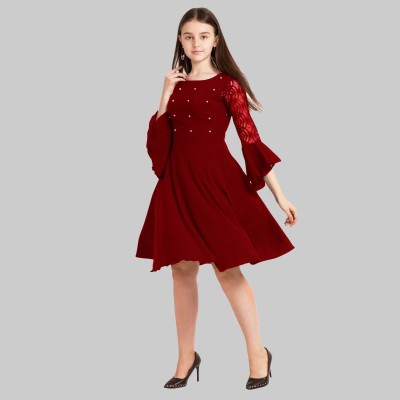 Sheetal Associates Girls Midi/Knee Length Casual Dress(Red, 3/4 Sleeve)