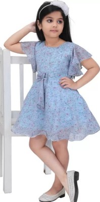 NFC FASHIONS Girls Midi/Knee Length Casual Dress(Blue, Fashion Sleeve)