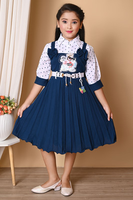R FASHION Indi Girls Midi/Knee Length Party Dress(Blue, 3/4 Sleeve)