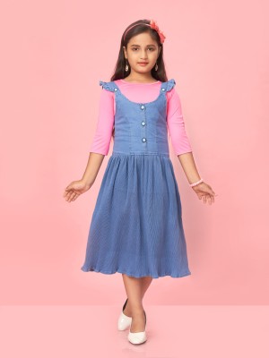 Aarika Indi Girls Calf Length Casual Dress(Pink, 3/4 Sleeve)