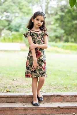 indvanu Indi Girls Midi/Knee Length Festive/Wedding Dress(Green, Sleeveless)
