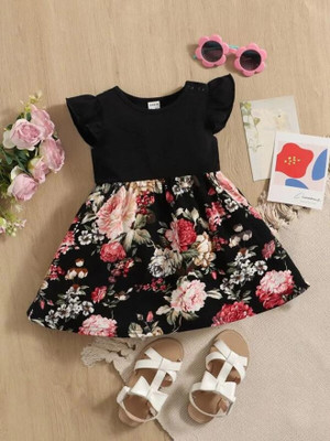 ADAANA Girls Midi/Knee Length Casual Dress(Black, Short Sleeve)