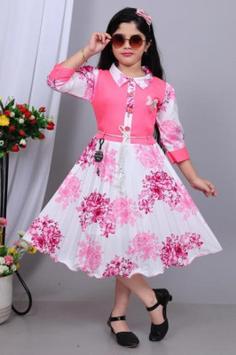 StarKidsFashion Girls Midi/Knee Length Party Dress(Pink, 3/4 Sleeve)