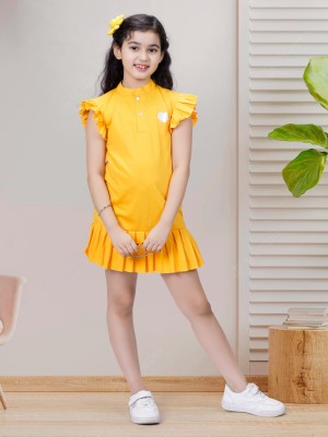 RANJ Girls Above Knee Casual Dress(Yellow, Fashion Sleeve)