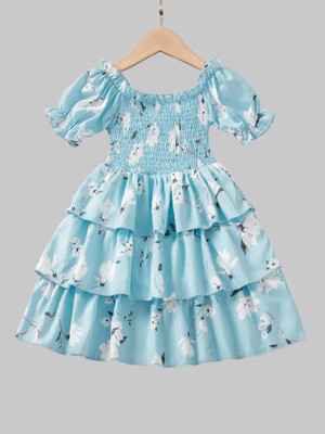 Ksaliya Enterprise Girls Midi/Knee Length Casual Dress(Blue, Short Sleeve)