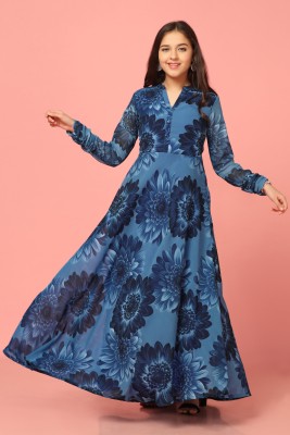 Mirrow Trade Girls Maxi/Full Length Festive/Wedding Dress(Dark Blue, 3/4 Sleeve)