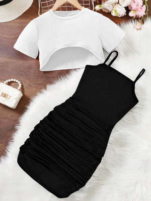 dhru Girls Below Knee Casual Dress(Black, White, Sleeveless)