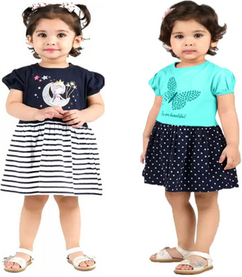 Cute N Tight Indi Baby Girls Midi/Knee Length Casual Dress(Multicolor, Half Sleeve)