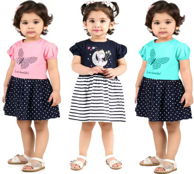 Cute N Tight Indi Baby Girls Midi/Knee Length Casual Dress(Multicolor, Short Sleeve)